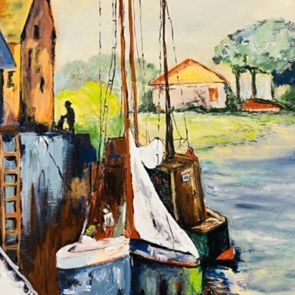🎉PRICE REDUCED🎉 Nautical SAILBOATS AT DOCK Canvas Painting‎ 1974 Signed 20x16 - Picture 5 of 16